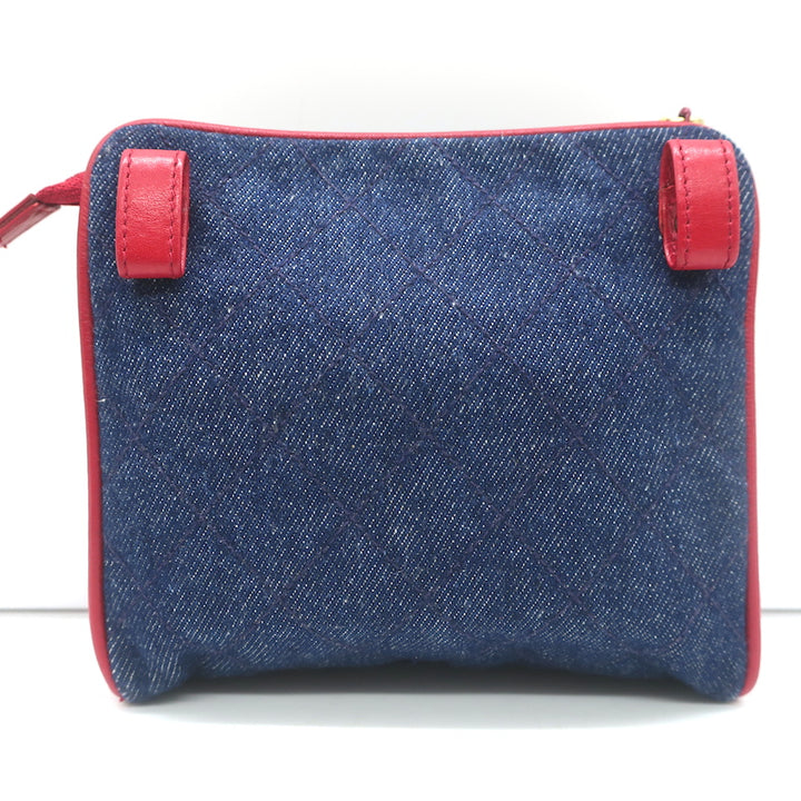 Vintage Chanel 1990 CC Small Fanny Pack Blue Quilted Denim &amp; Red Leather Size 75