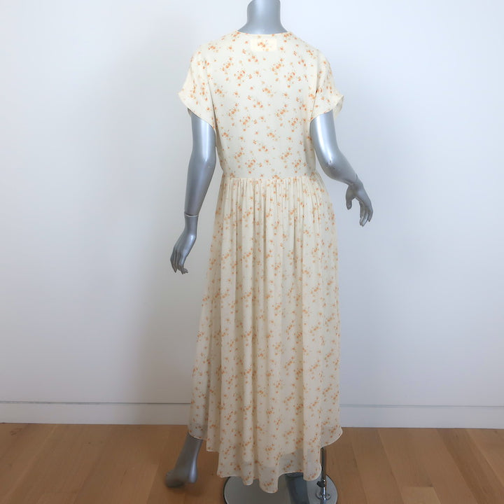 Celine Ruched Floral Print Georgette Midi Dress Ivory Silk Size 38