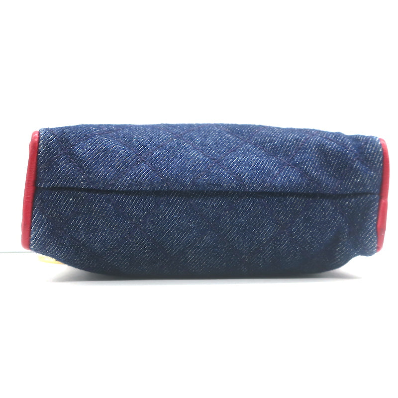 Vintage Chanel 1990 CC Small Fanny Pack Blue Quilted Denim &amp; Red Leather Size 75