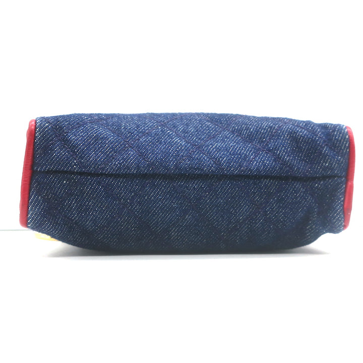 Vintage Chanel 1990 CC Small Fanny Pack Blue Quilted Denim &amp; Red Leather Size 75