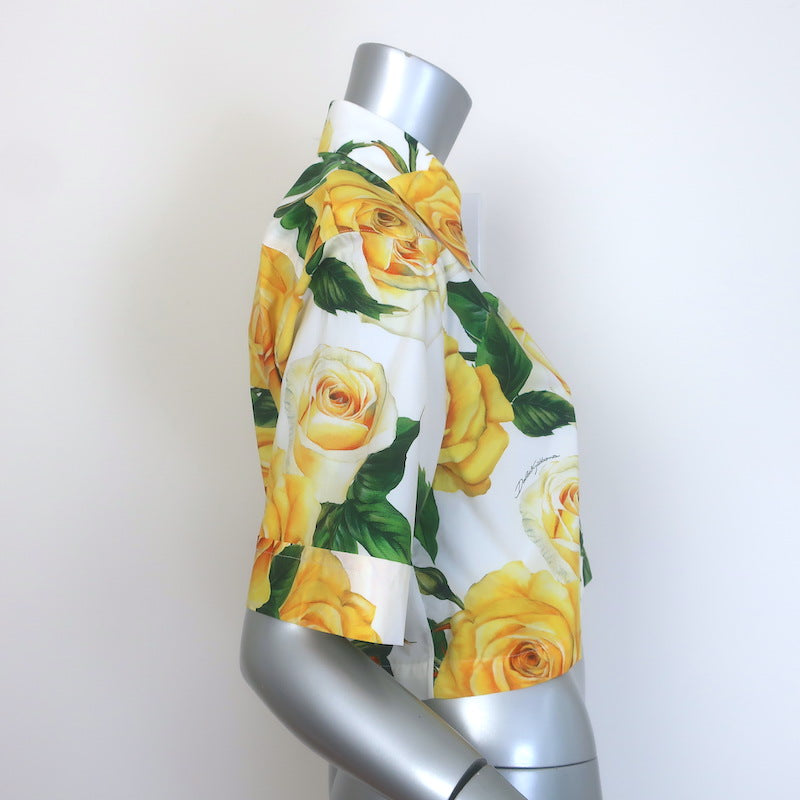 Dolce &amp; Gabbana Rose Print Cropped Shirt White/Yellow Cotton Size 40
