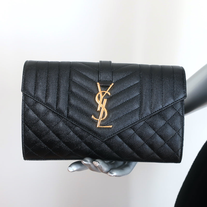 Saint Laurent Envelope Triquilt Wallet on Chain Bag Grain de Poudre Leather NEW