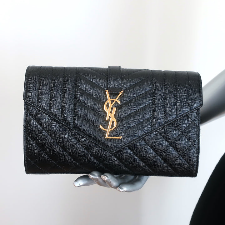 Saint Laurent Envelope Triquilt Wallet on Chain Bag Grain de Poudre Leather NEW