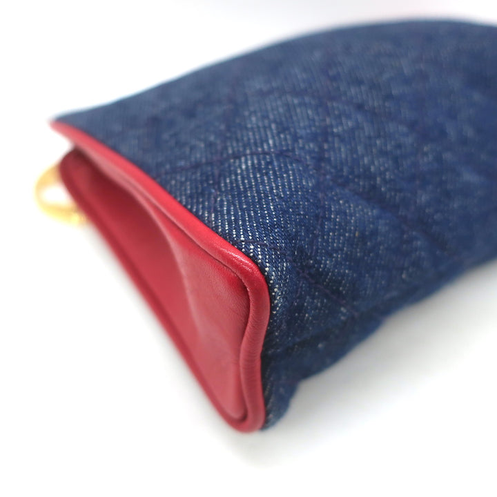 Vintage Chanel 1990 CC Small Fanny Pack Blue Quilted Denim &amp; Red Leather Size 75