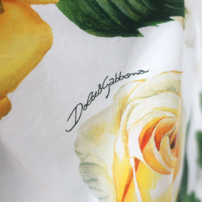 Dolce &amp; Gabbana Rose Print Cropped Shirt White/Yellow Cotton Size 40