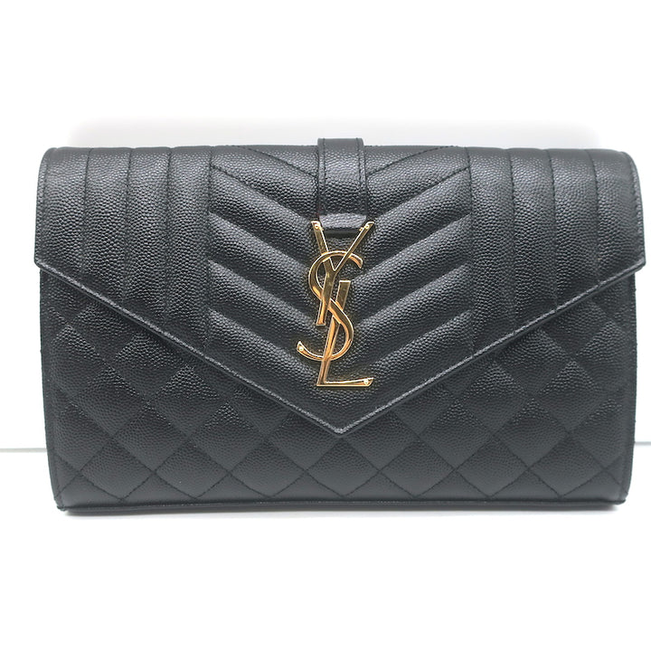 Saint Laurent Envelope Triquilt Wallet on Chain Bag Grain de Poudre Leather NEW