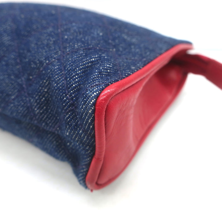 Vintage Chanel 1990 CC Small Fanny Pack Blue Quilted Denim &amp; Red Leather Size 75
