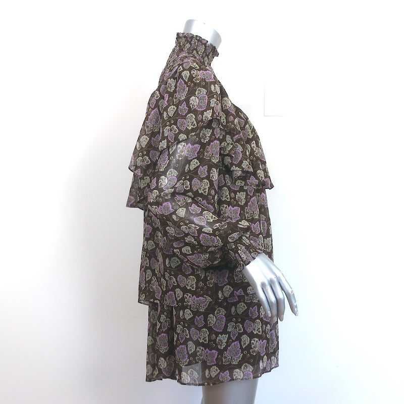 Cinq e Sept Long Sleeve Turtleneck Mini Dress Drew Brown Printed Chiffon Size 2