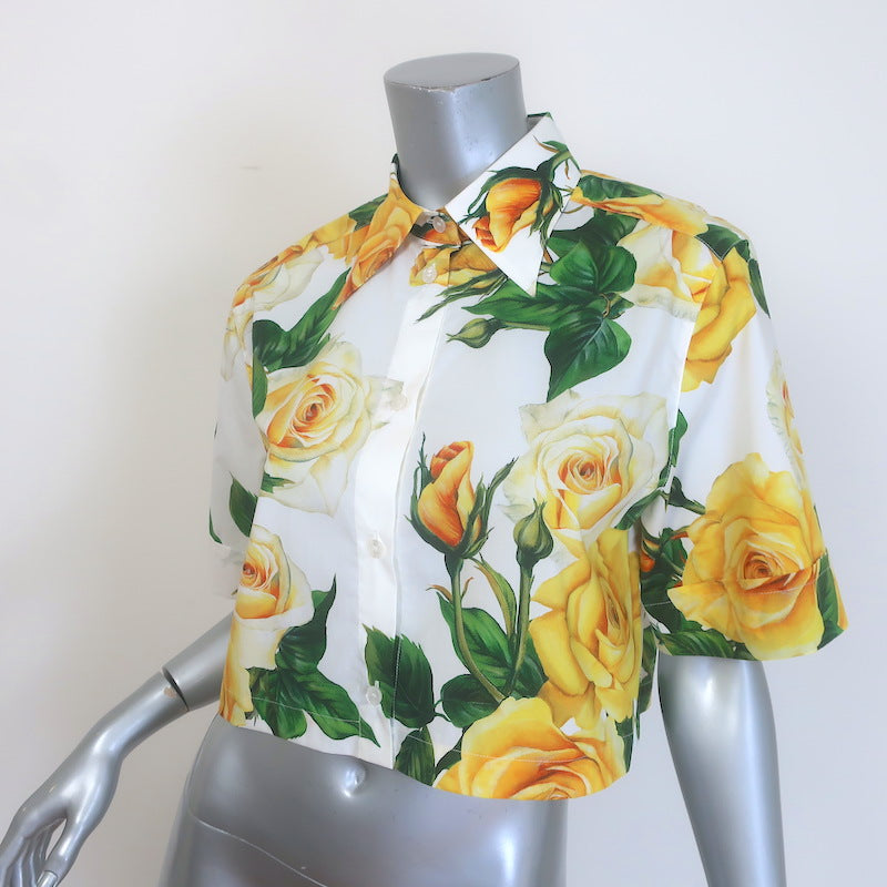 Dolce &amp; Gabbana Rose Print Cropped Shirt White/Yellow Cotton Size 40
