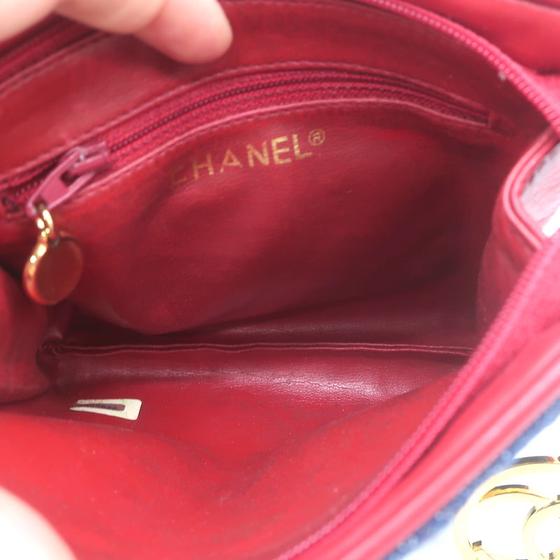 Vintage Chanel 1990 CC Small Fanny Pack Blue Quilted Denim &amp; Red Leather Size 75
