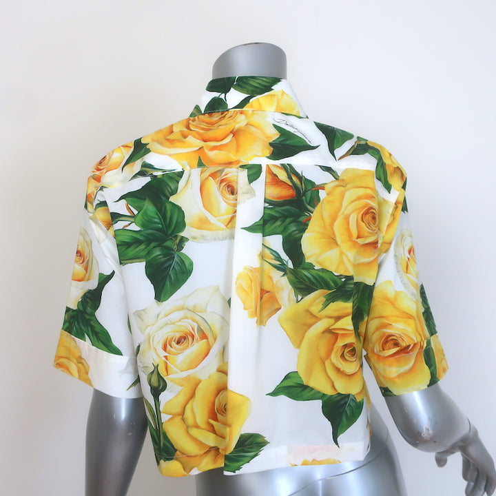 Dolce &amp; Gabbana Rose Print Cropped Shirt White/Yellow Cotton Size 40