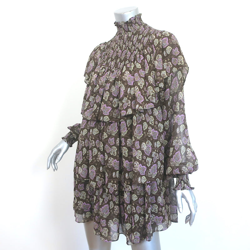 Cinq e Sept Long Sleeve Turtleneck Mini Dress Drew Brown Printed Chiffon Size 2