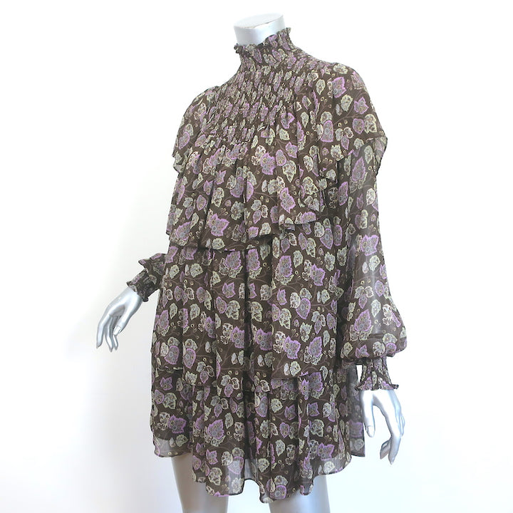 Cinq e Sept Long Sleeve Turtleneck Mini Dress Drew Brown Printed Chiffon Size 2