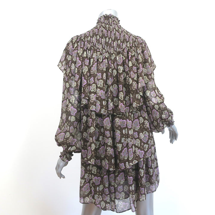 Cinq e Sept Long Sleeve Turtleneck Mini Dress Drew Brown Printed Chiffon Size 2