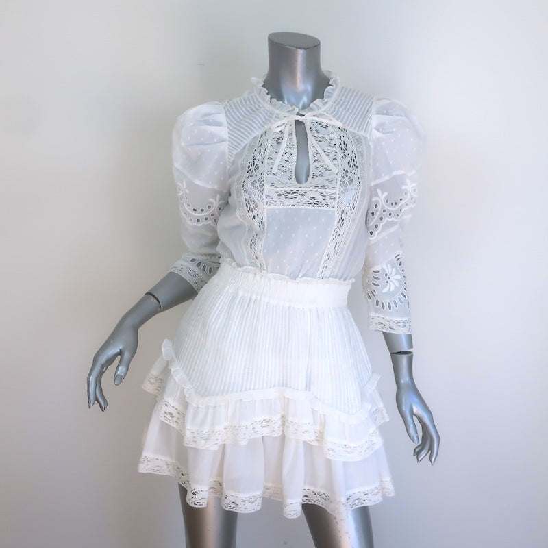 LoveShackFancy Isidore Puff Sleeve Ruffled Mini Dress White Cotton Size Small