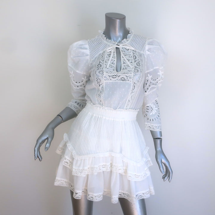 LoveShackFancy Isidore Puff Sleeve Ruffled Mini Dress White Cotton Size Small