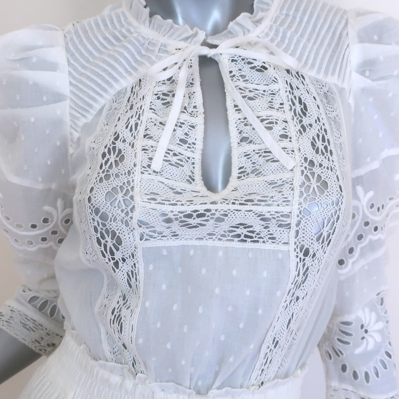LoveShackFancy Isidore Puff Sleeve Ruffled Mini Dress White Cotton Size Small