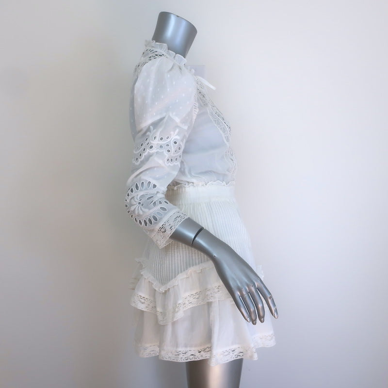 LoveShackFancy Isidore Puff Sleeve Ruffled Mini Dress White Cotton Size Small