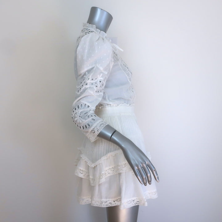 LoveShackFancy Isidore Puff Sleeve Ruffled Mini Dress White Cotton Size Small