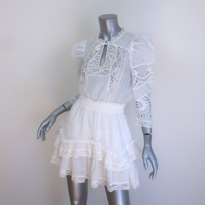 LoveShackFancy Isidore Puff Sleeve Ruffled Mini Dress White Cotton Size Small