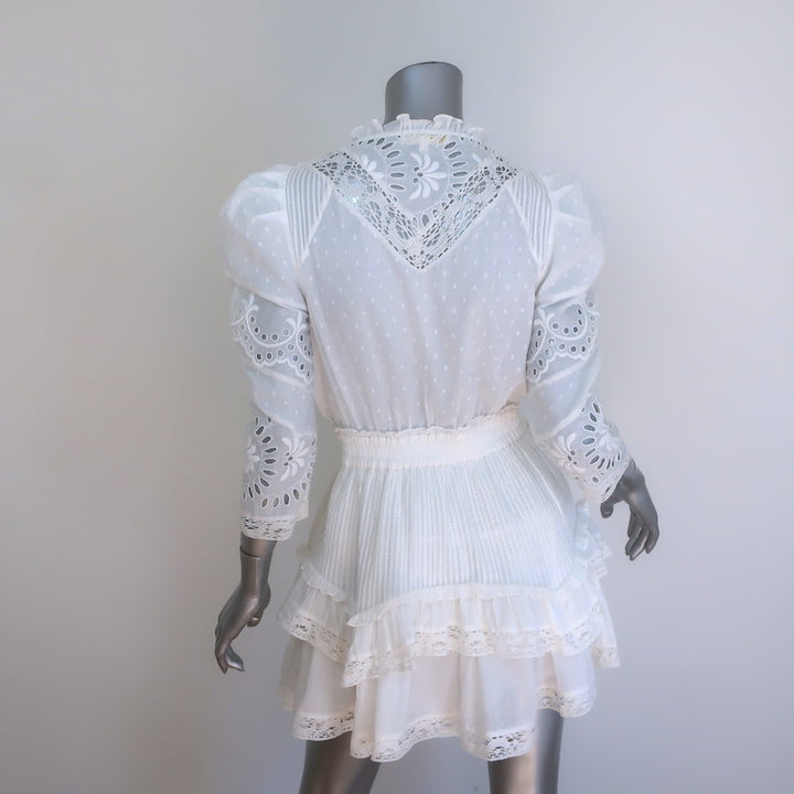 LoveShackFancy Isidore Puff Sleeve Ruffled Mini Dress White Cotton Size Small
