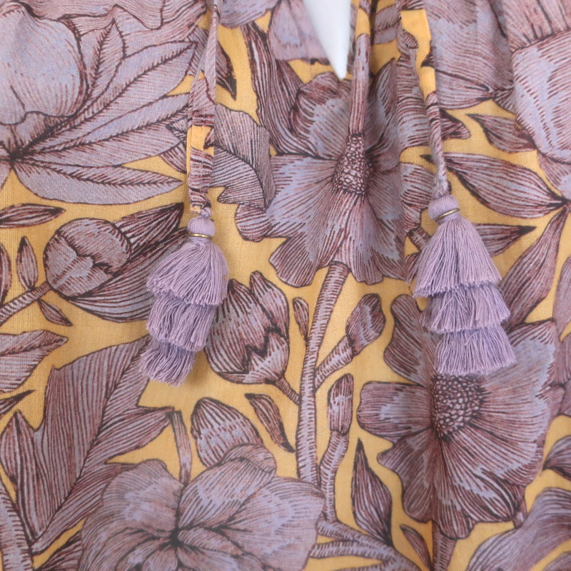 Carolina K Tassel-Tie Blouse Light Purple/Orange Floral Print Cotton Size Small