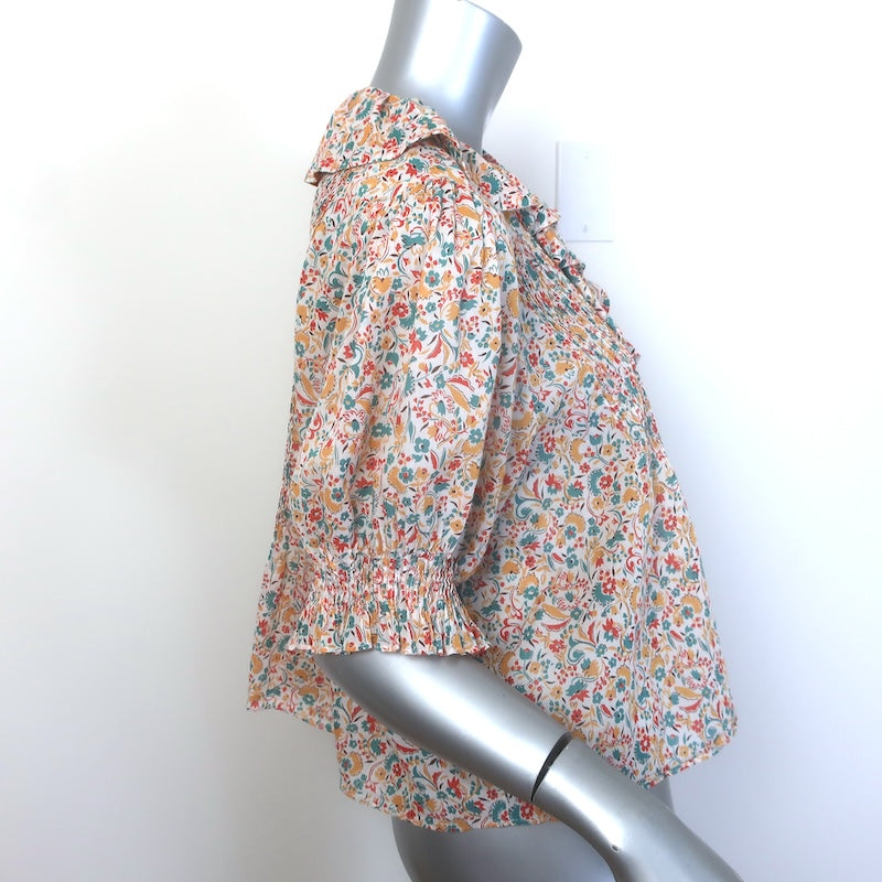Doen Henri Ruffled Floral Print Top White/Multicolor Cotton Size Medium