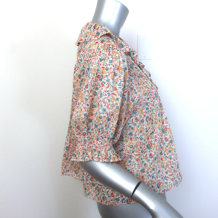 Doen Henri Ruffled Floral Print Top White/Multicolor Cotton Size Medium