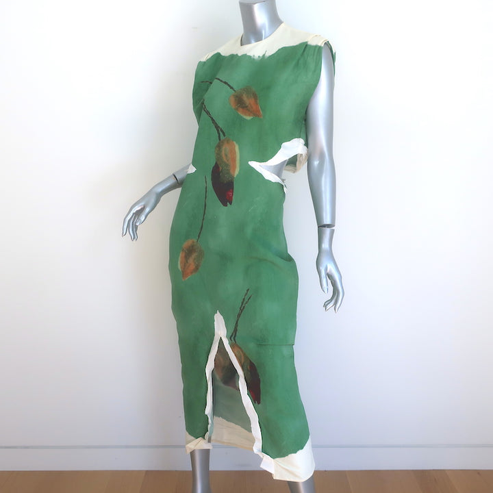 Prada Cutout-Back Sleeveless Midi Dress Green Leaf Print Paper Fabric Size 38