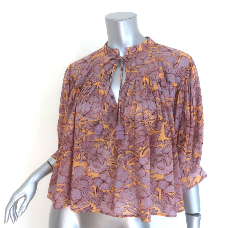 Carolina K Tassel-Tie Blouse Light Purple/Orange Floral Print Cotton Size Small
