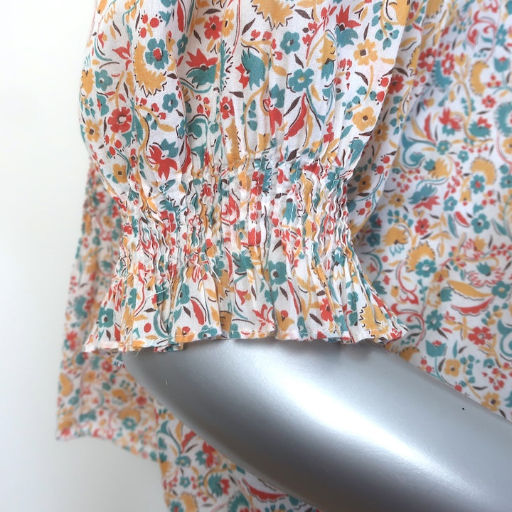 Doen Henri Ruffled Floral Print Top White/Multicolor Cotton Size Medium