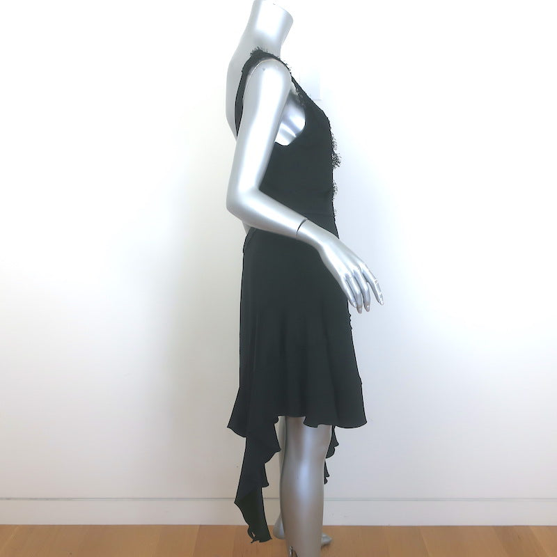 Victoria Beckham Lace-Trim Ruffled Mini Dress Black Satin &amp; Jersey Size US 8