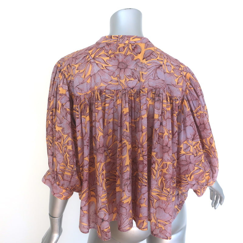 Carolina K Tassel-Tie Blouse Light Purple/Orange Floral Print Cotton Size Small