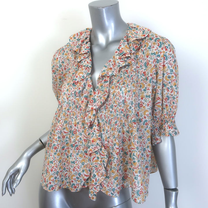 Doen Henri Ruffled Floral Print Top White/Multicolor Cotton Size Medium