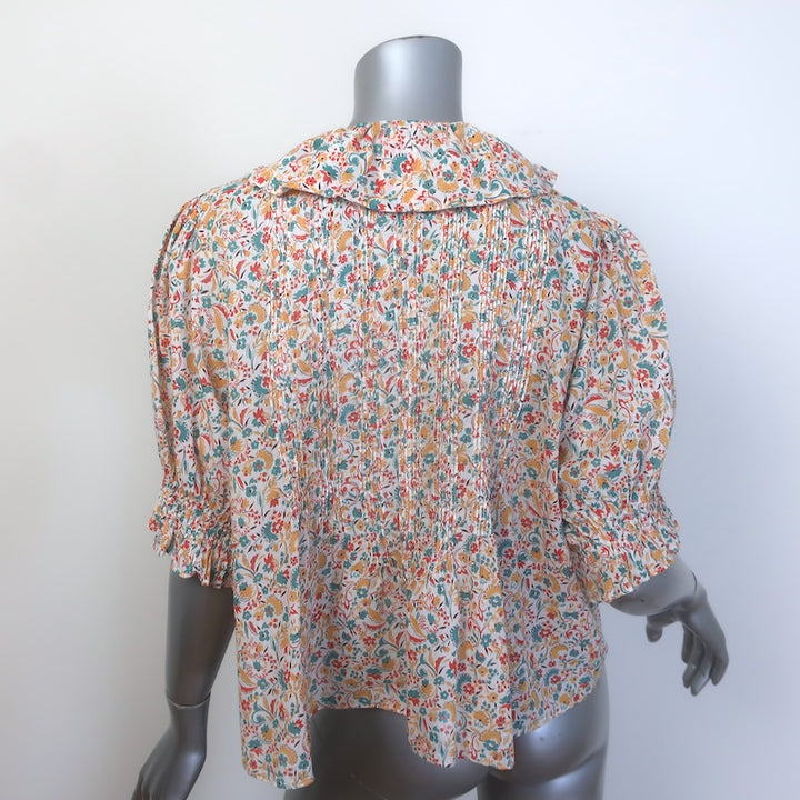Doen Henri Ruffled Floral Print Top White/Multicolor Cotton Size Medium