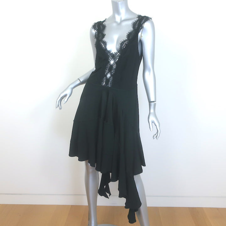 Victoria Beckham Lace-Trim Ruffled Mini Dress Black Satin &amp; Jersey Size US 8