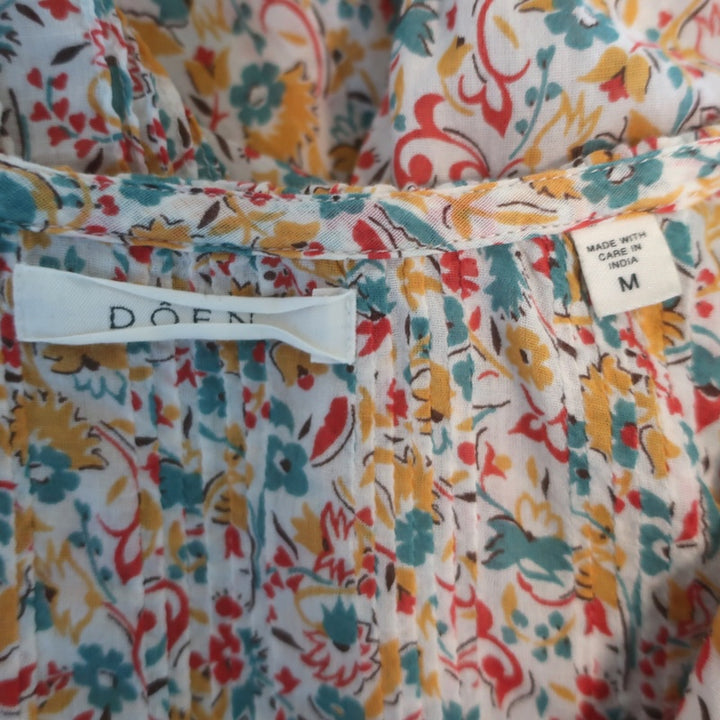 Doen Henri Ruffled Floral Print Top White/Multicolor Cotton Size Medium