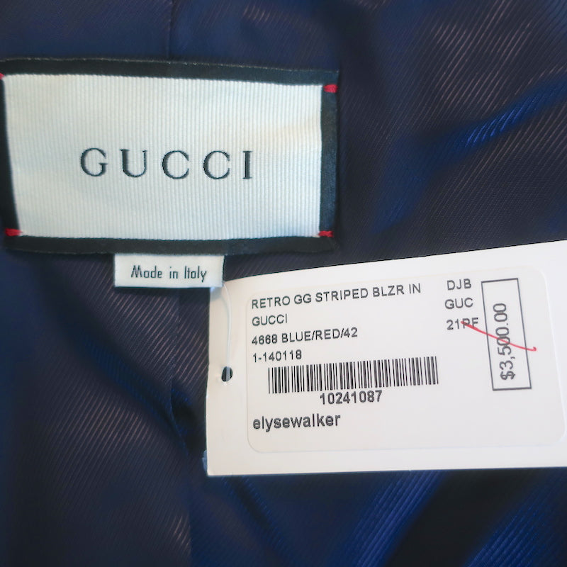 Gucci Retro GG Striped Blazer Navy/Red Wool-Silk Size 42 One-Button Jacket NEW