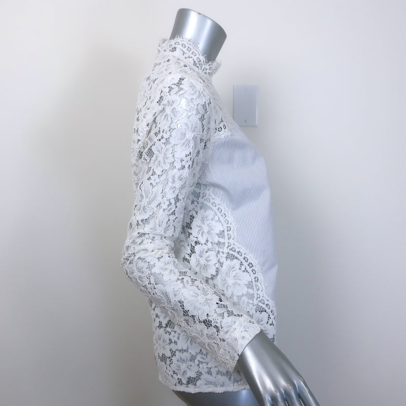 Sandro Striped Cotton-Paneled Lace Blouse White/Blue Size 2 Long Sleeve Top