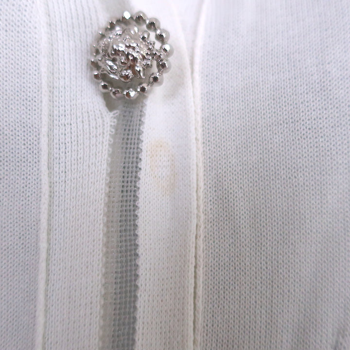 Chanel CC Long Cardigan White Cotton-Blend Ribbed Knit Size 42 V-Neck Sweater