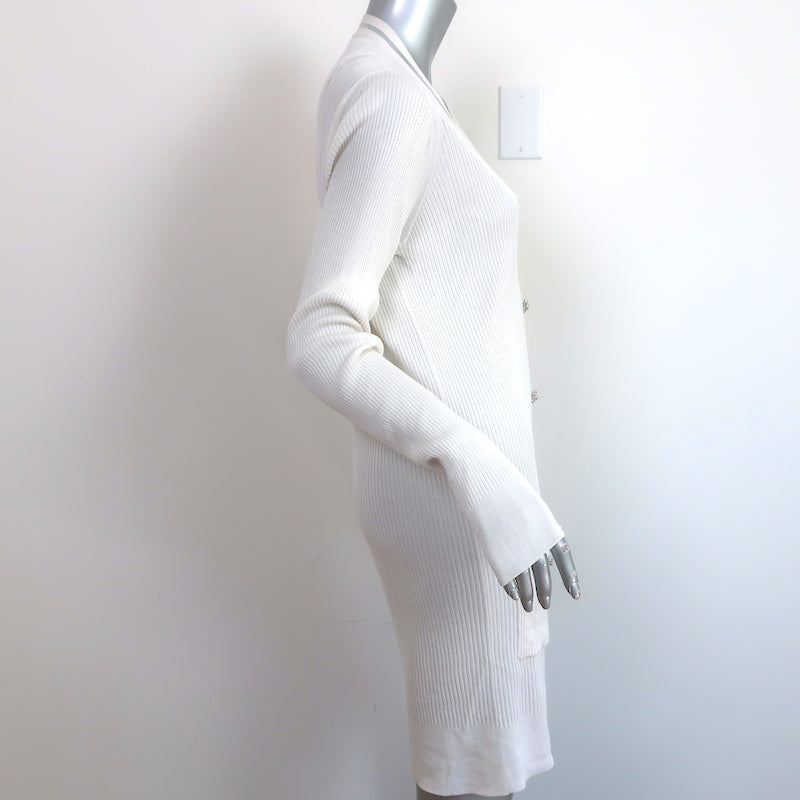 Chanel CC Long Cardigan White Cotton-Blend Ribbed Knit Size 42 V-Neck Sweater