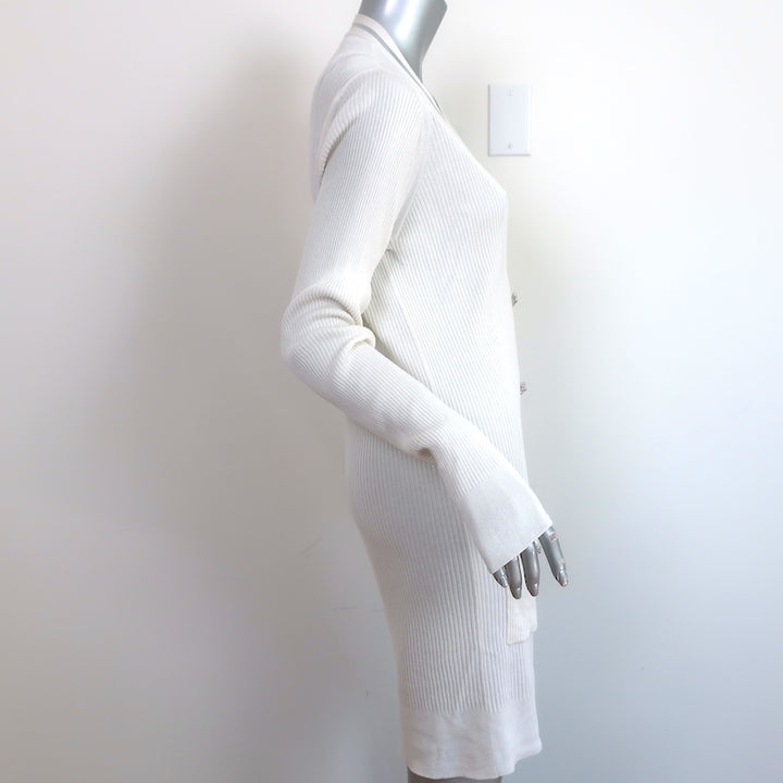Chanel CC Long Cardigan White Cotton-Blend Ribbed Knit Size 42 V-Neck Sweater