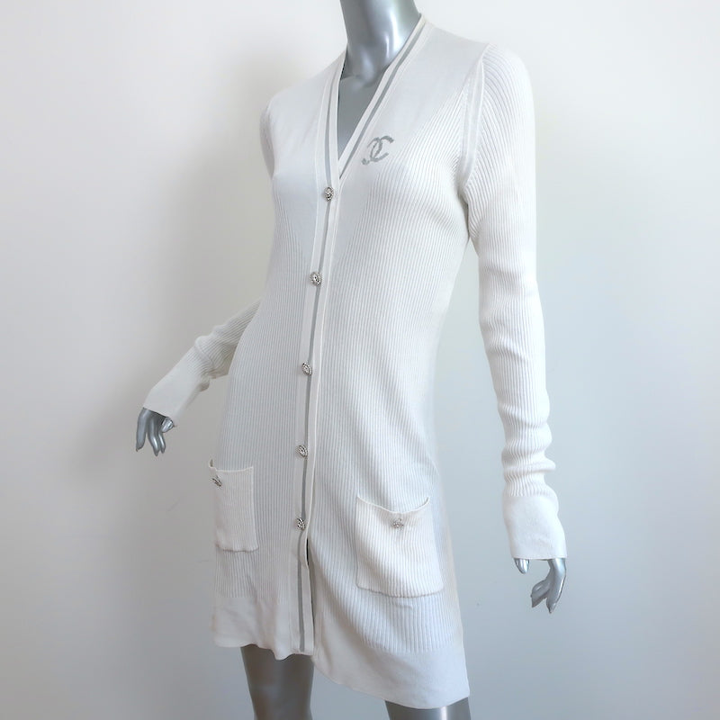 Chanel CC Long Cardigan White Cotton-Blend Ribbed Knit Size 42 V-Neck Sweater