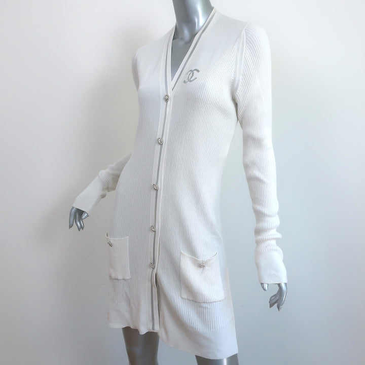 Chanel CC Long Cardigan White Cotton-Blend Ribbed Knit Size 42 V-Neck Sweater
