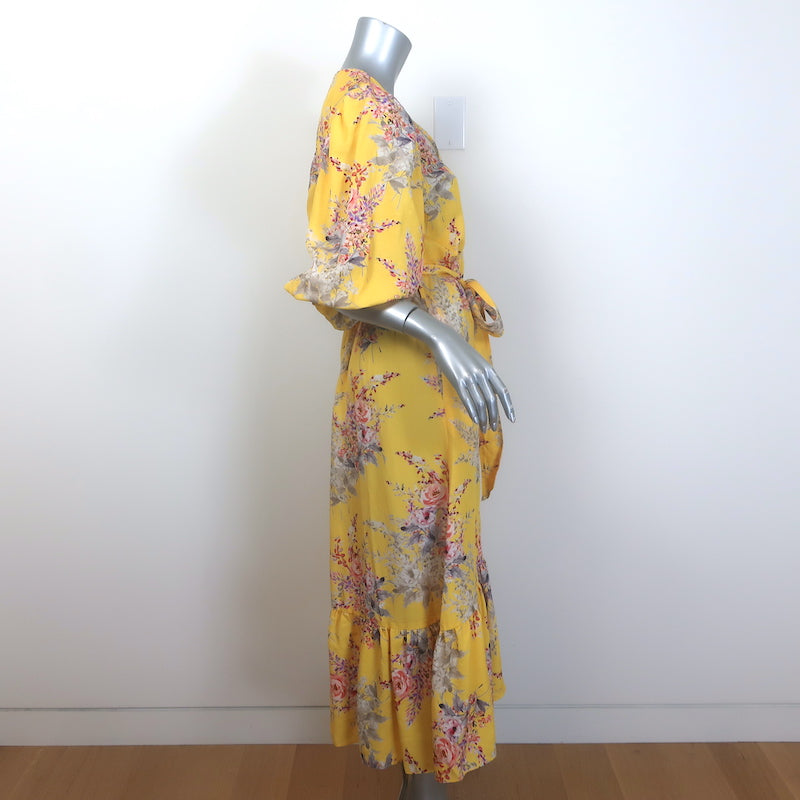 Kobi Halperin Dena Midi Wrap Dress Yellow Floral Print Size Small NEW