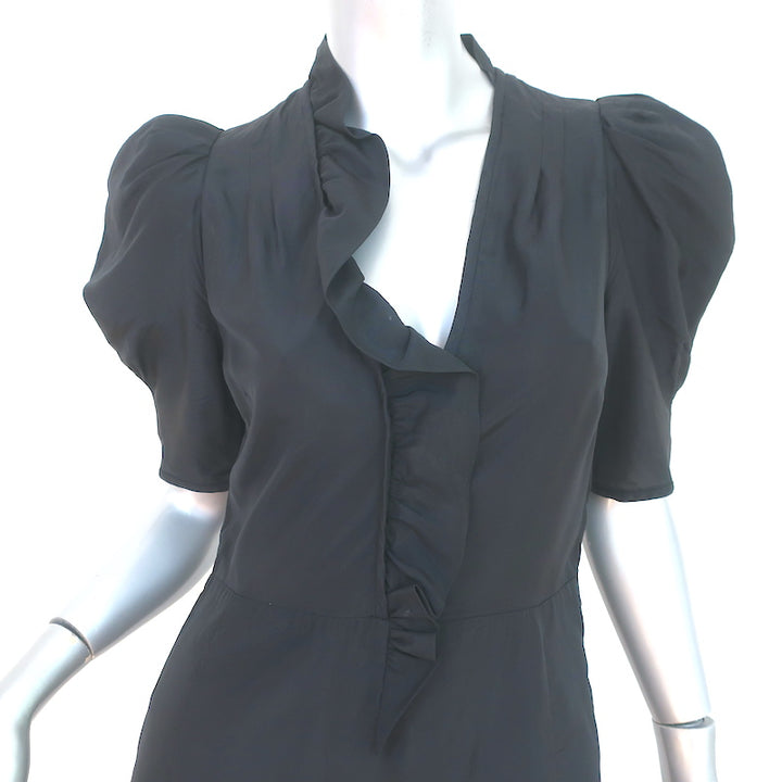 Dries Van Noten Puff Sleeve Dress Black Ruffled Cupro Size 36