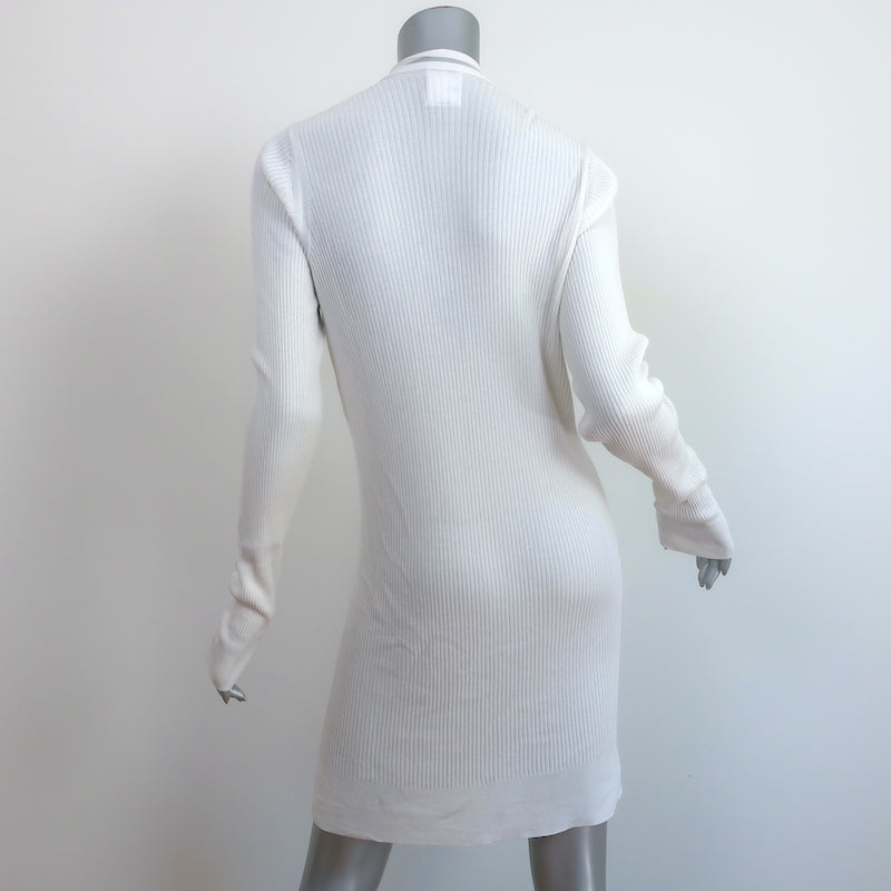 Chanel CC Long Cardigan White Cotton-Blend Ribbed Knit Size 42 V-Neck Sweater