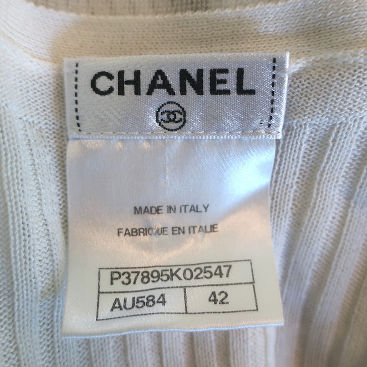 Chanel CC Long Cardigan White Cotton-Blend Ribbed Knit Size 42 V-Neck Sweater