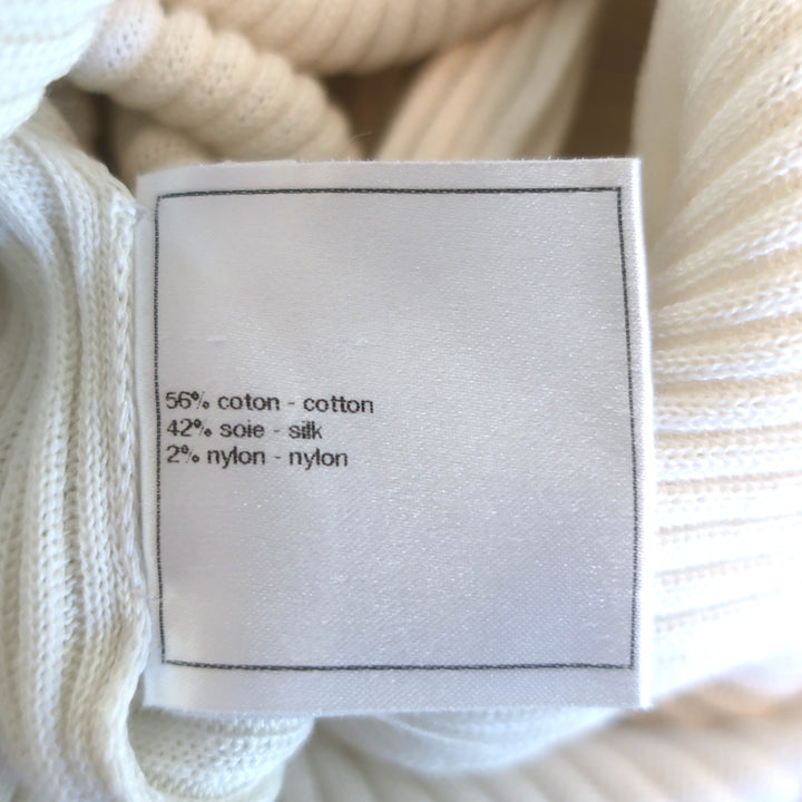 Chanel CC Long Cardigan White Cotton-Blend Ribbed Knit Size 42 V-Neck Sweater