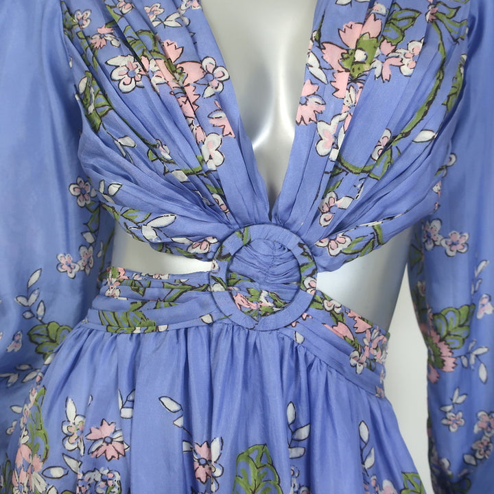 HANNAH Rio Cutout Maxi Dress Blue Floral Print Silk Size 1 NEW